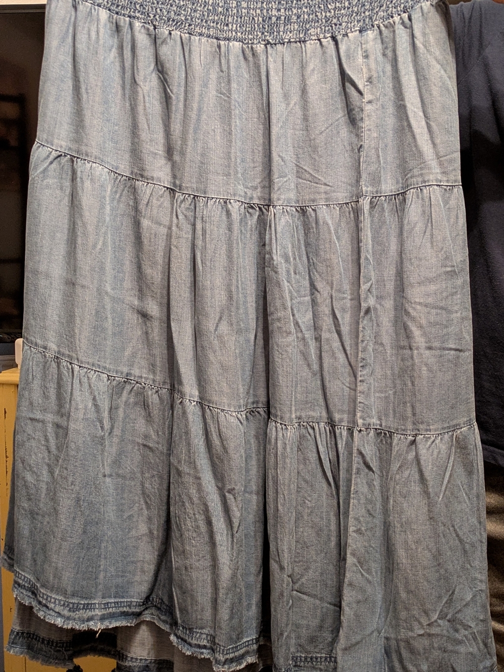 Velvet Heart Chambray Tiered Maxi Skirt in Light Blue
